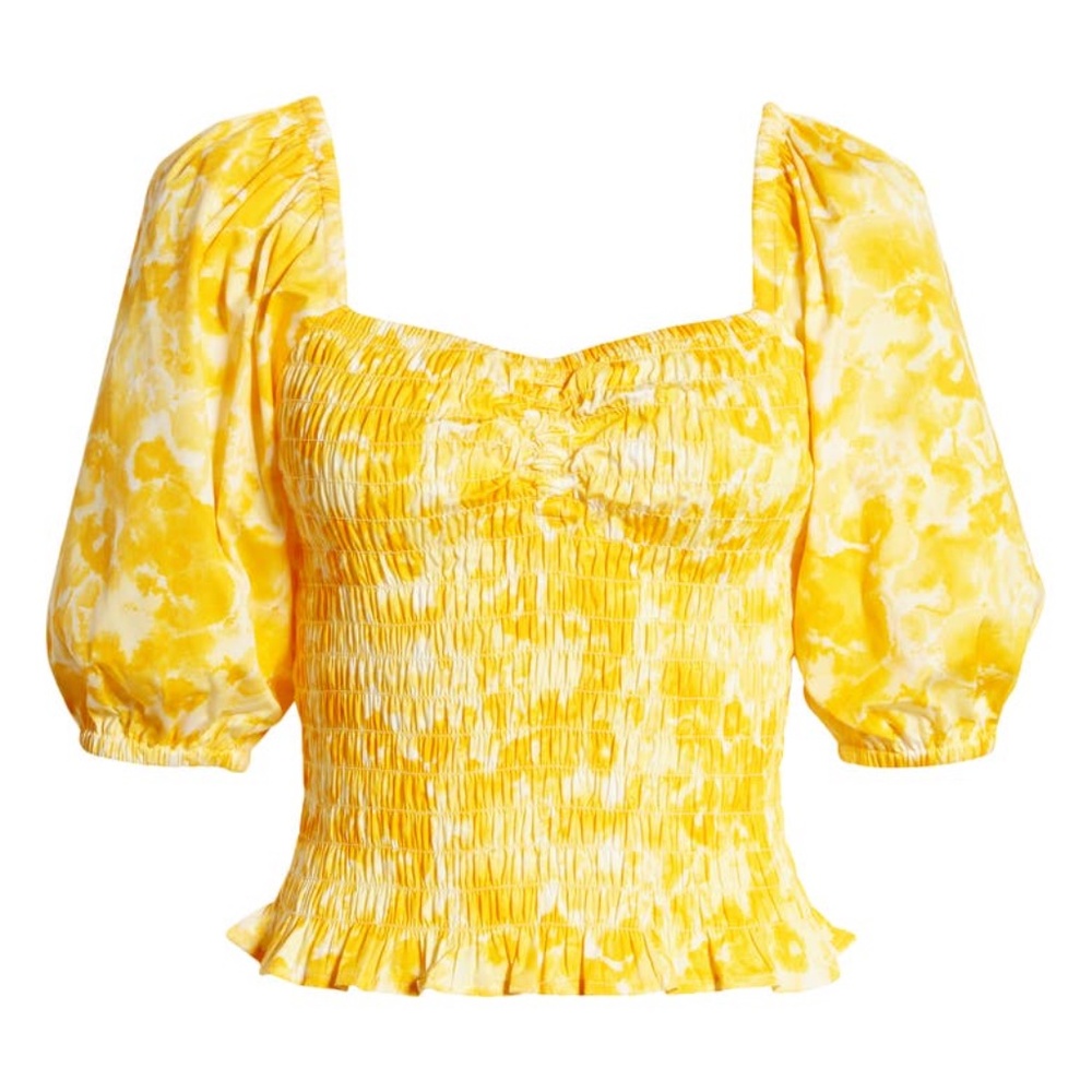 Open Edit Yellow Ballon Puff Sleeve Smocked Top with Floral Print in Women's XS